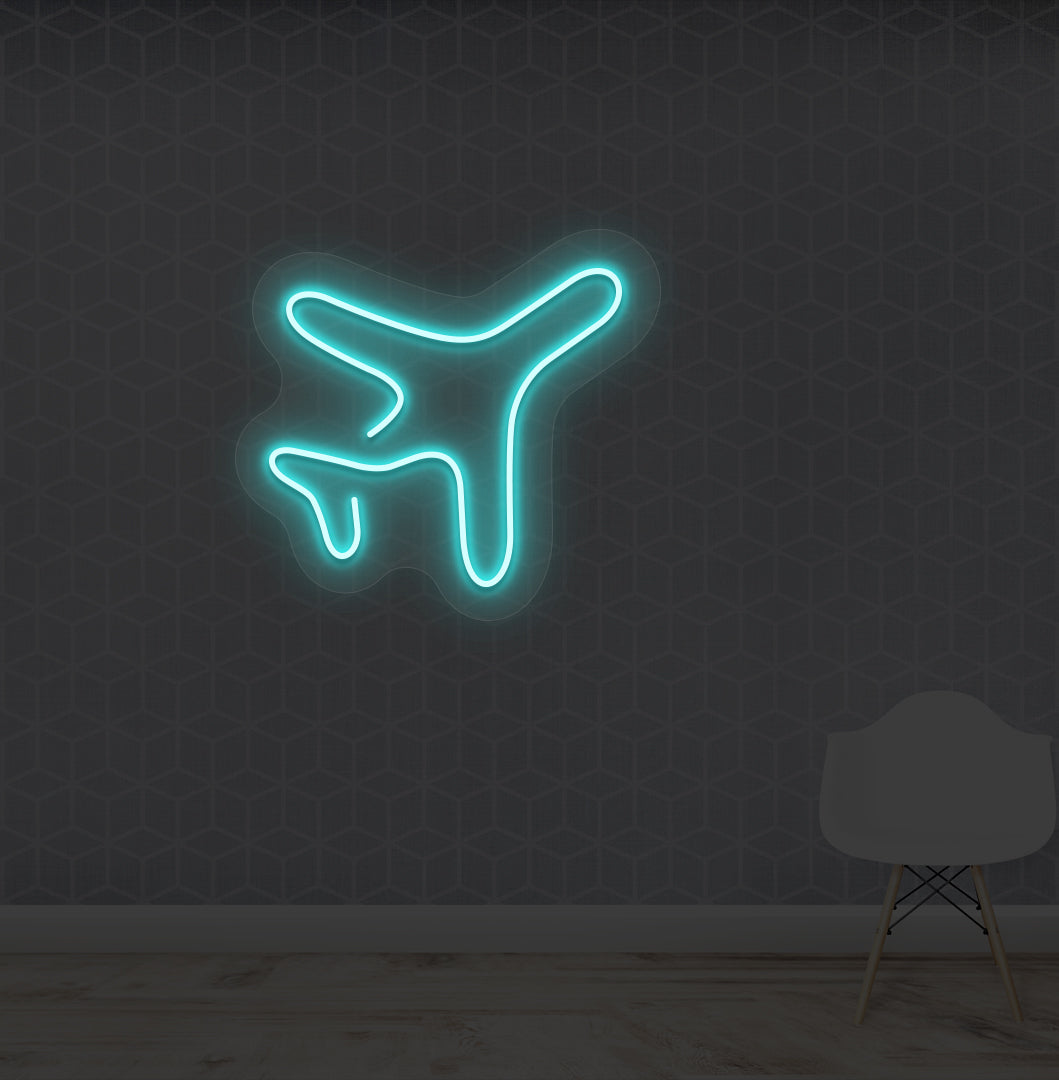 Image of a stylish "plane" LED neon Sign mounted on a wall in ice blue color.