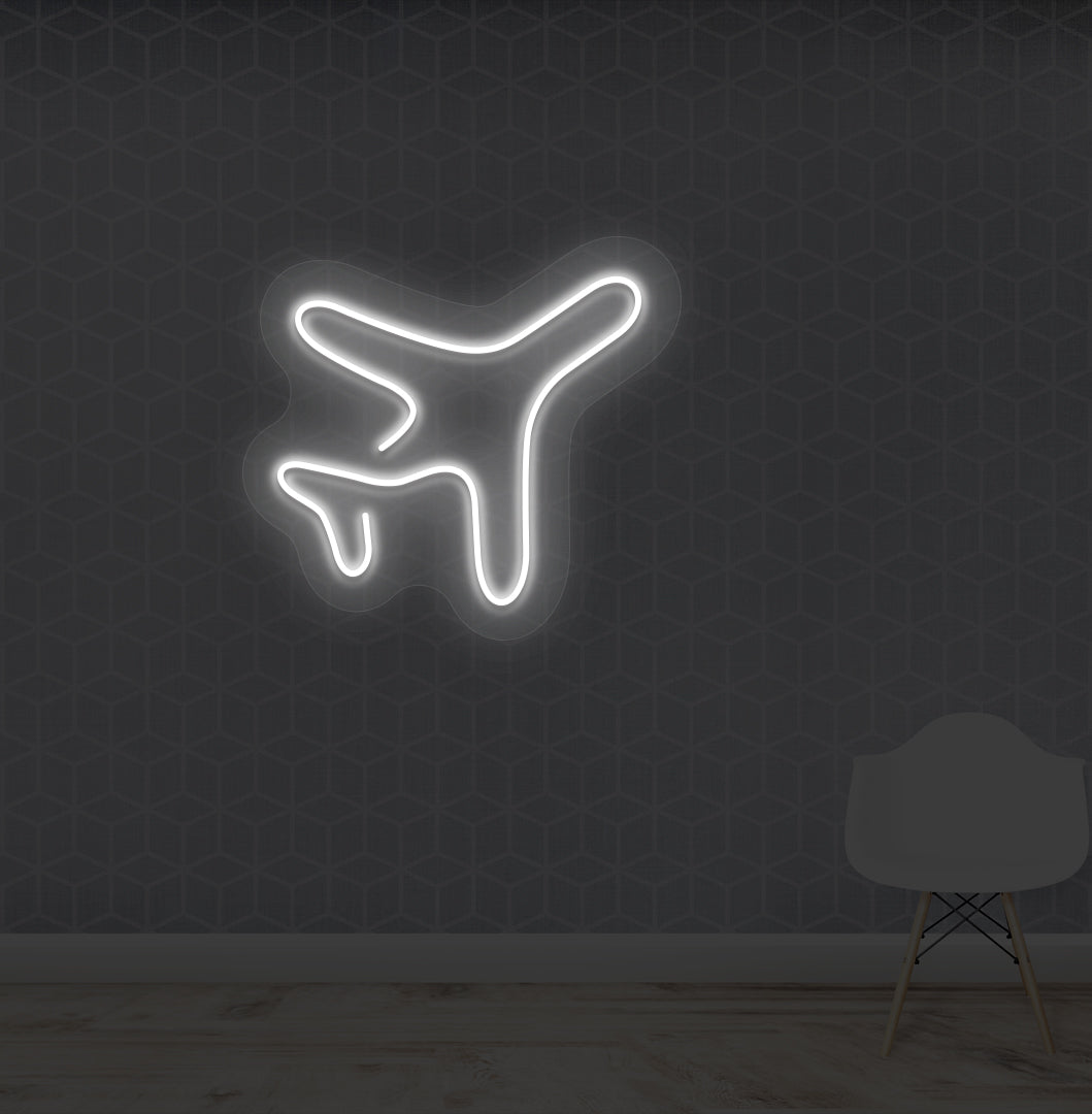 Image of a stylish "plane" LED neon Sign mounted on a wall in white color.