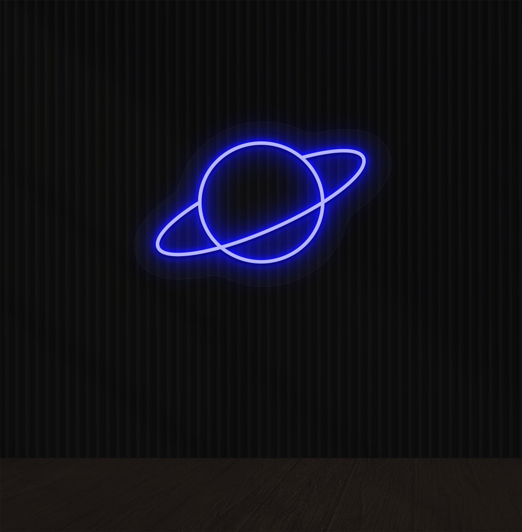 A space-themed planet LED neon sign glowing blue on the wall.