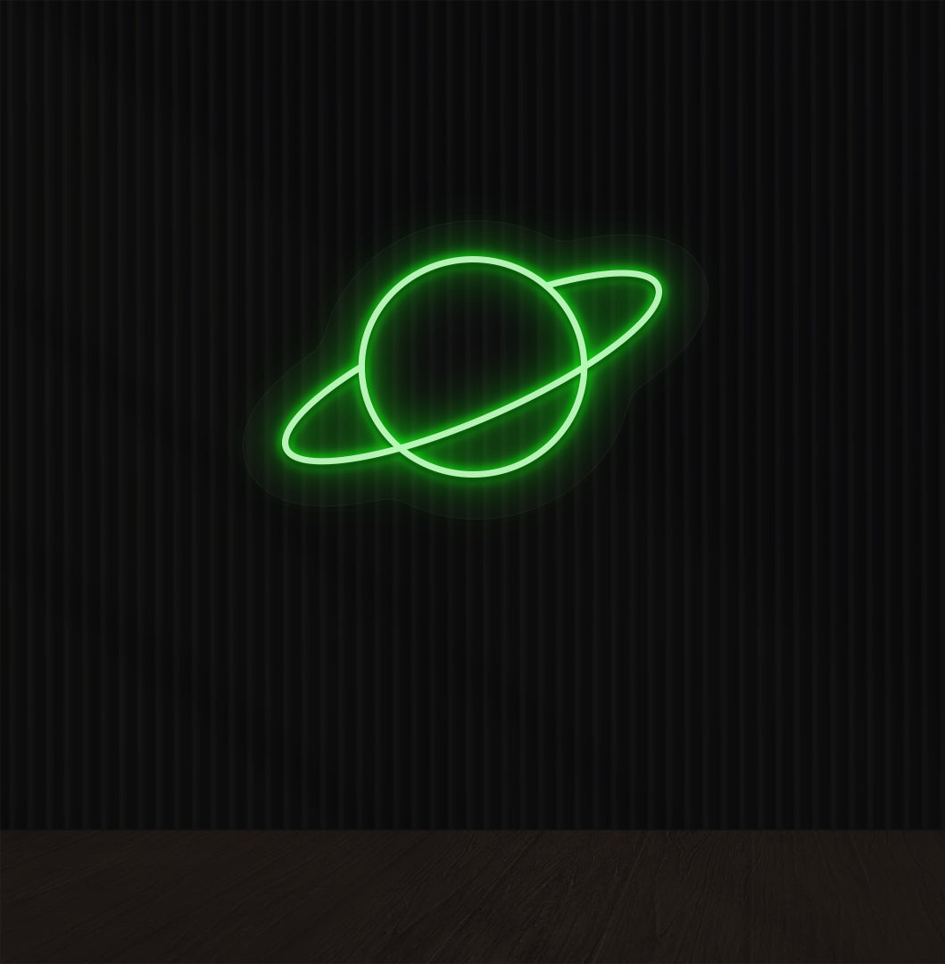 Image of a stylish planet LED neon sign mounted on a wall in green color.