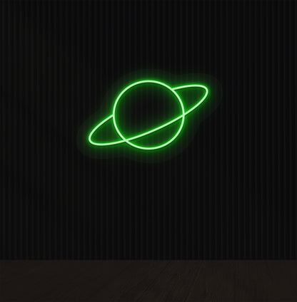 Image of a stylish planet LED neon sign mounted on a wall in green color.