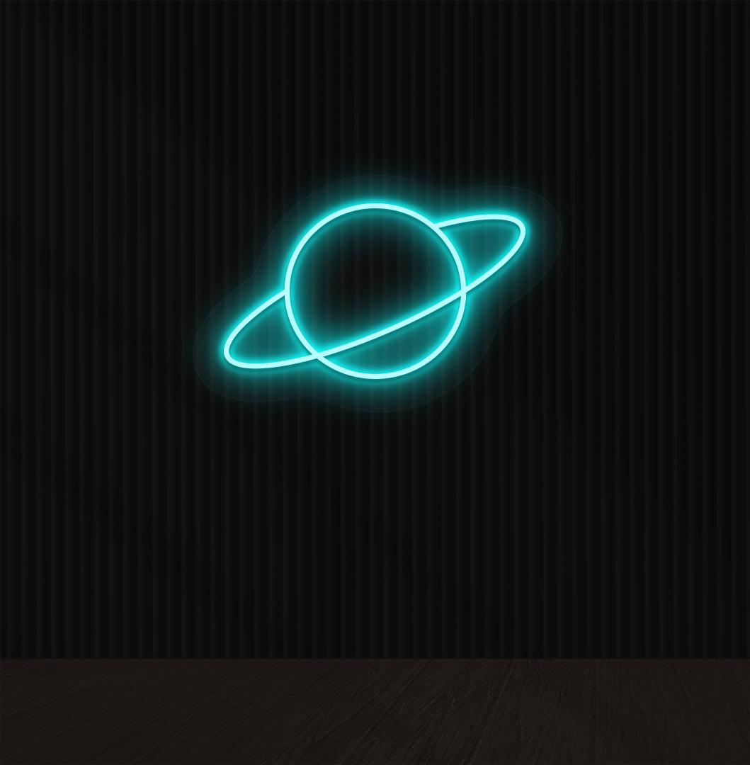 A space-themed planet LED neon sign glowing ice blue on the wall.