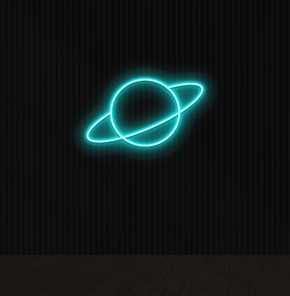A space-themed planet LED neon sign glowing ice blue on the wall.
