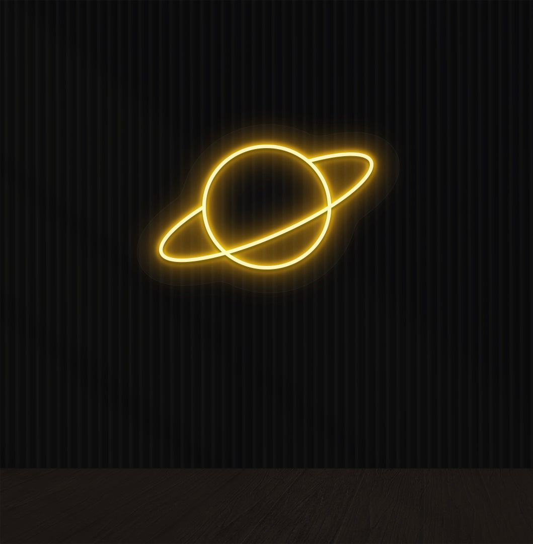 Image of a stylish planet LED neon sign mounted on a wall in orange color.