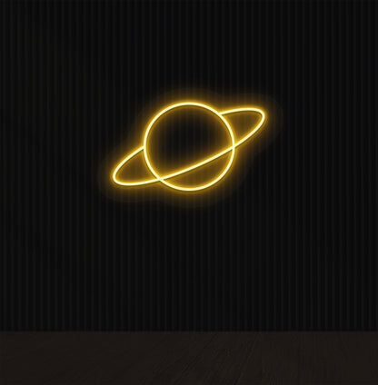 Image of a stylish planet LED neon sign mounted on a wall in orange color.
