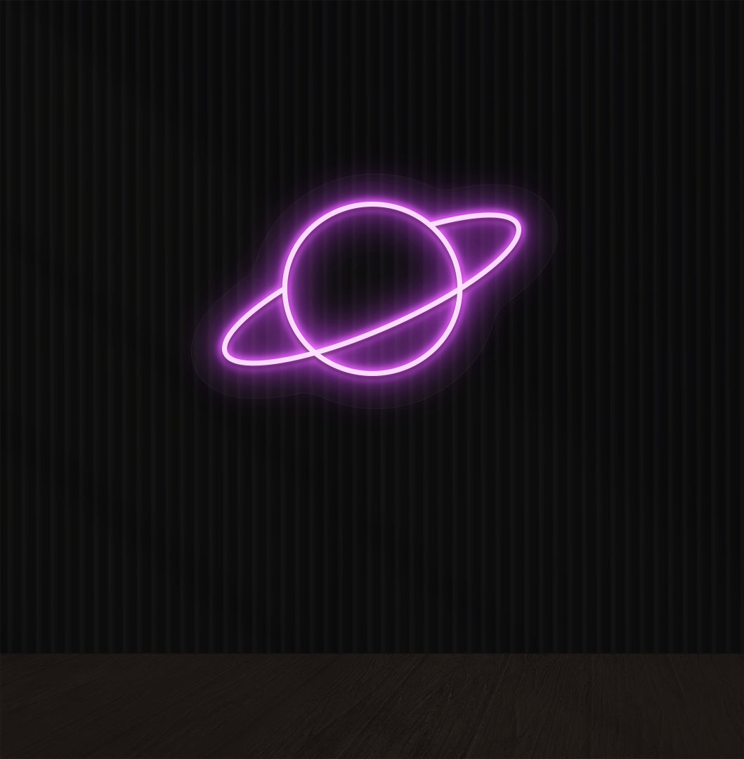 Image of a stylish planet LED neon sign mounted on a wall in purple color.