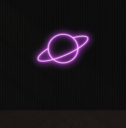 Image of a stylish planet LED neon sign mounted on a wall in purple color.