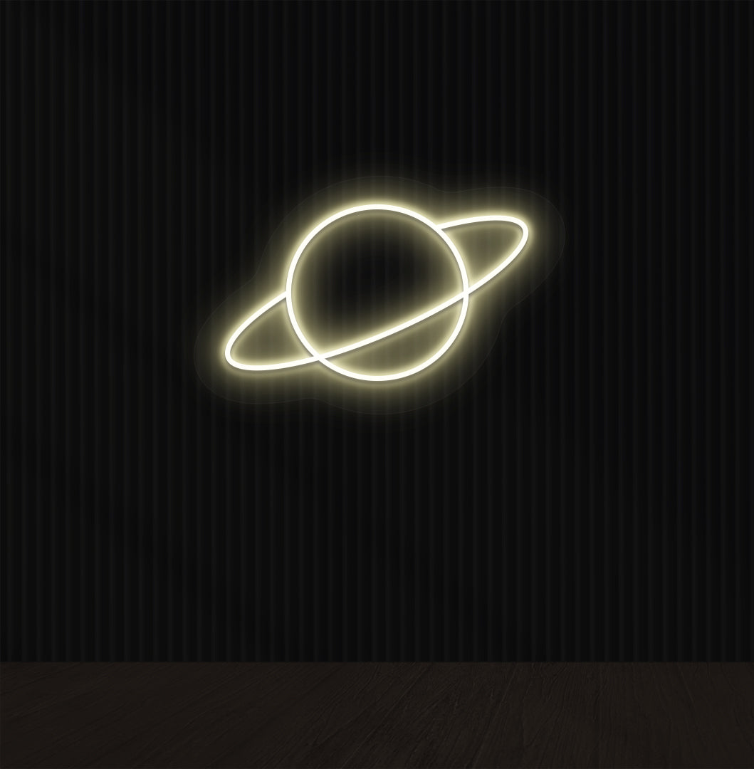 Image of a stylish planet LED neon sign mounted on a wall in warm white color.
