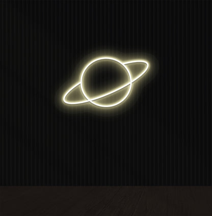 Image of a stylish planet LED neon sign mounted on a wall in warm white color.