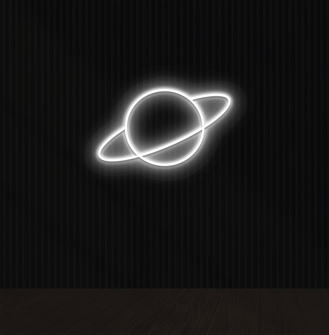 A space-themed planet LED neon sign glowing white on the wall.
