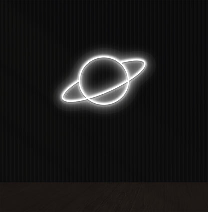A space-themed planet LED neon sign glowing white on the wall.