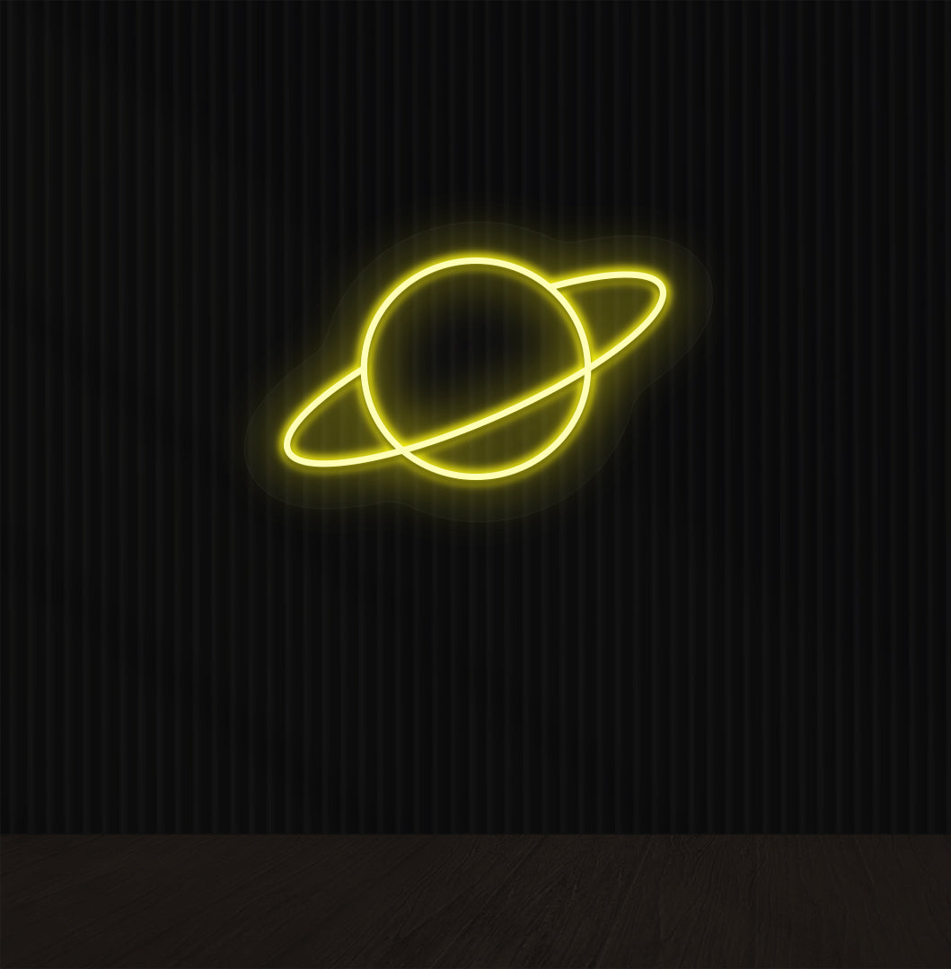 Image of a stylish planet LED neon sign mounted on a wall in yellow color.