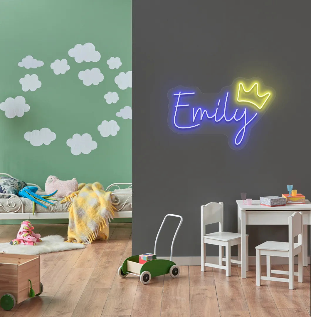 Personalized Princess Crown neon sign in blue color mounted on modern kids' room wall.