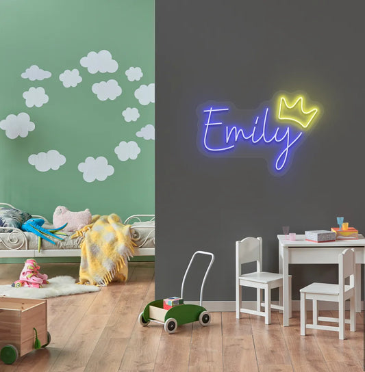 Personalized Princess Crown neon sign in blue color mounted on modern kids' room wall.