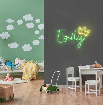 Personalized Princess Crown neon sign mounted on modern princess-themed room wall in green color.