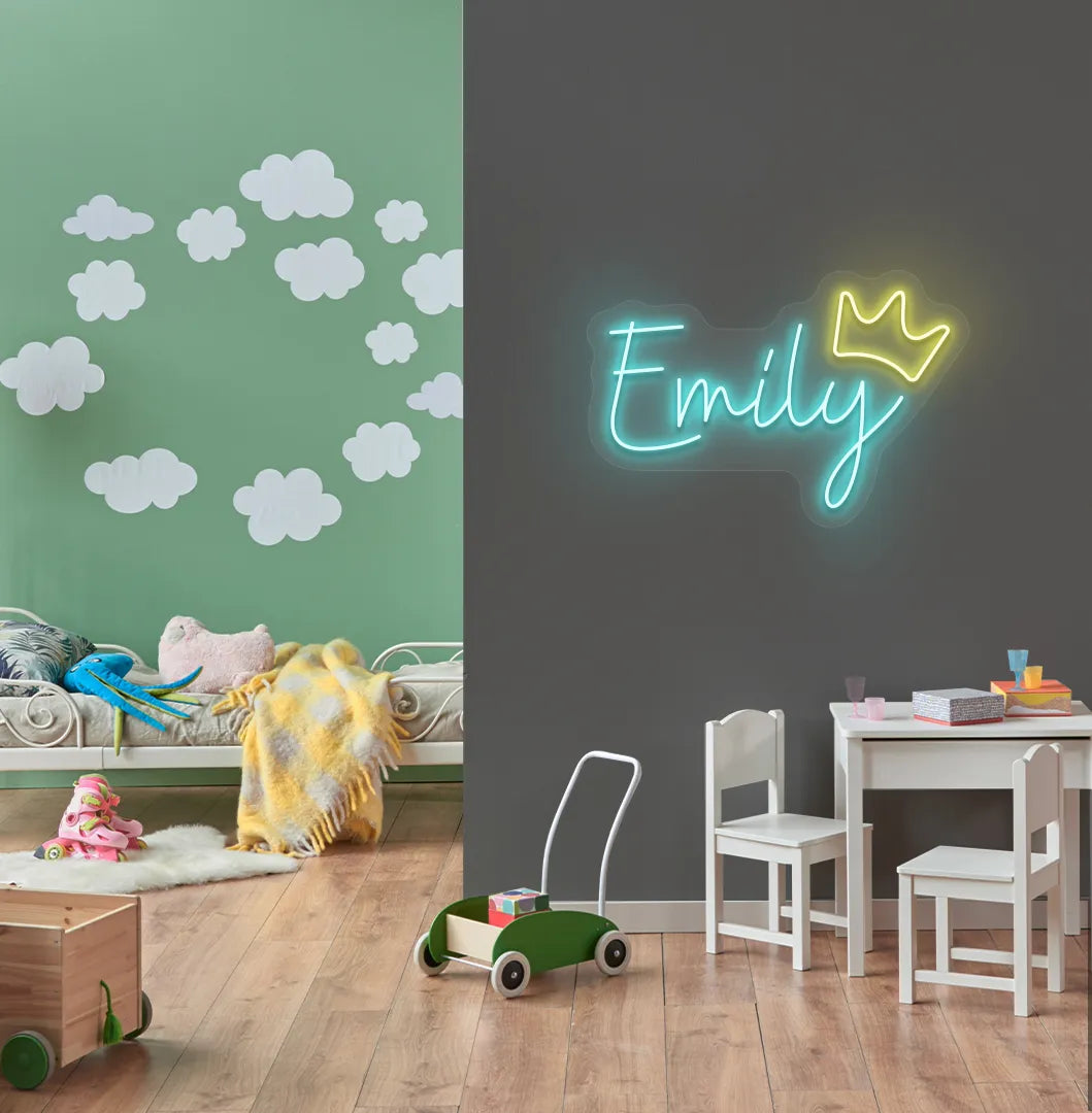 Personalized Princess Crown neon sign in ice blue color mounted on modern kids' room wall.