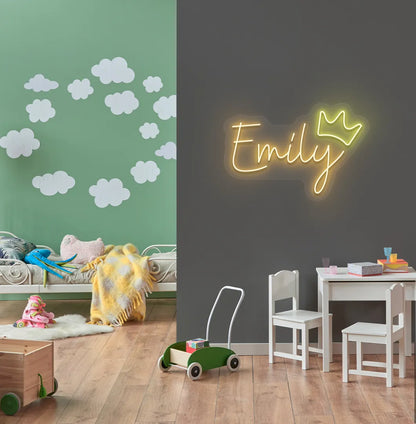 Personalized Princess Crown neon sign mounted on modern princess-themed room wall in orange color.