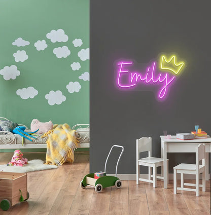 Personalized Princess Crown neon sign in pink color mounted on modern kids' room wall.
