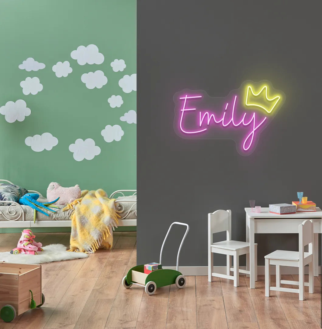Personalized Princess Crown neon sign mounted on modern princess-themed room wall in purple color.