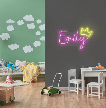Personalized Princess Crown neon sign mounted on modern princess-themed room wall in purple color.