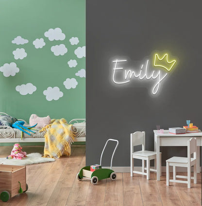 Personalized Princess Crown neon sign in white color mounted on modern kids' room wall.