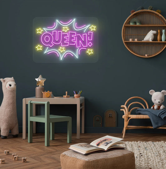 Image of a bright pink queen neon sign mounted on an aesthetic wall.