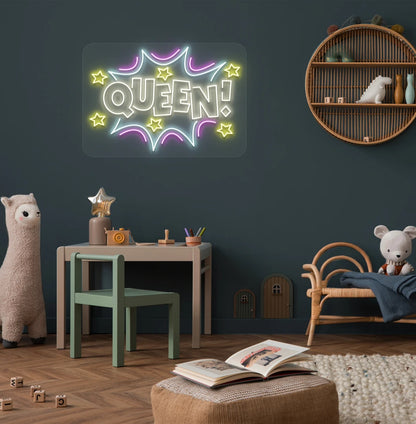 Modern wall decor with queen neon sign glowing warm white.