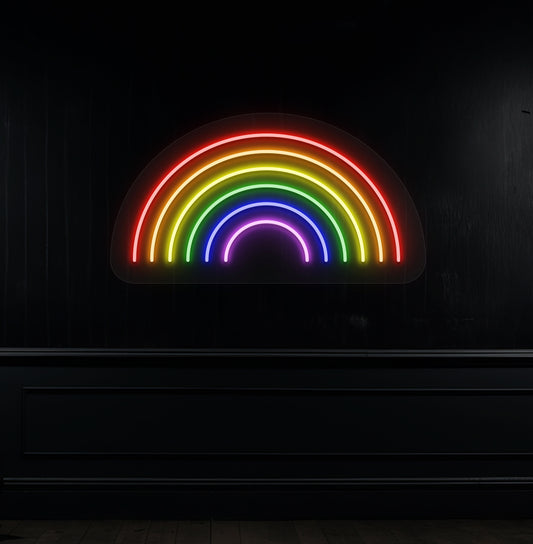 Image of a rainbow neon sign with colorful LED neon lights for kids' room, bedroom decoration, cafe & studio styling.