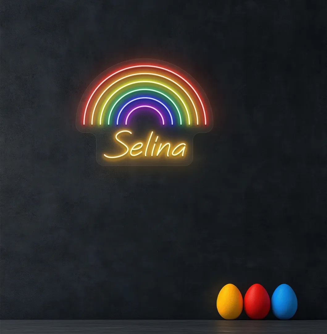 Bright orange Rainbow Name personalized neon sign for kid's room decoration.