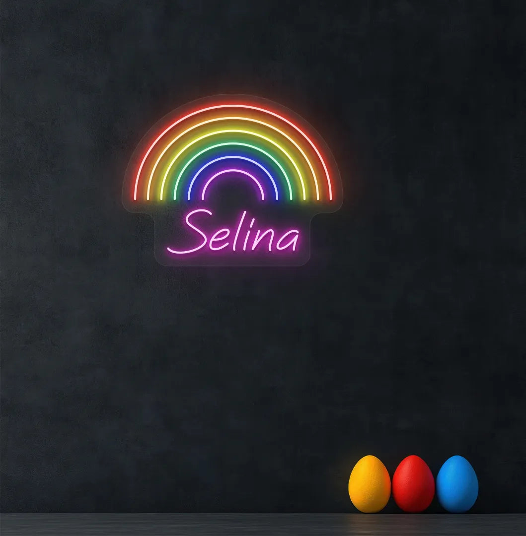 Bright purple Rainbow Name personalized neon sign for kid's room decoration.