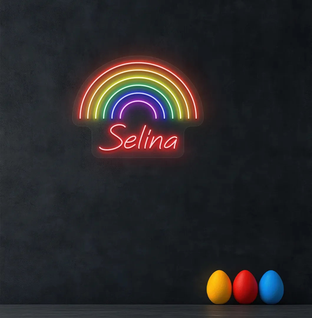 Personalized Rainbow Name neon sign in red color mounted on modern wall.