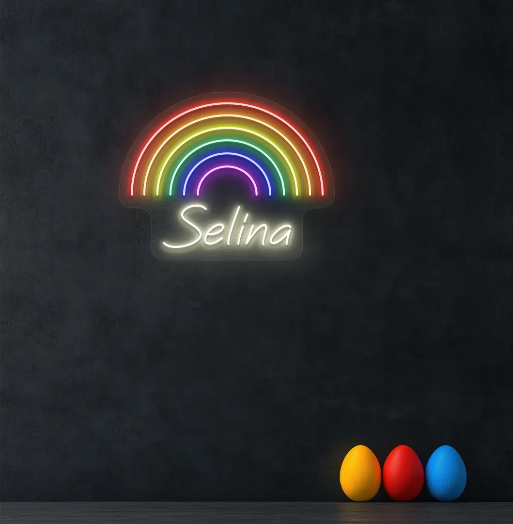 Bright warm white Rainbow Name personalized neon sign for kid's room decoration.