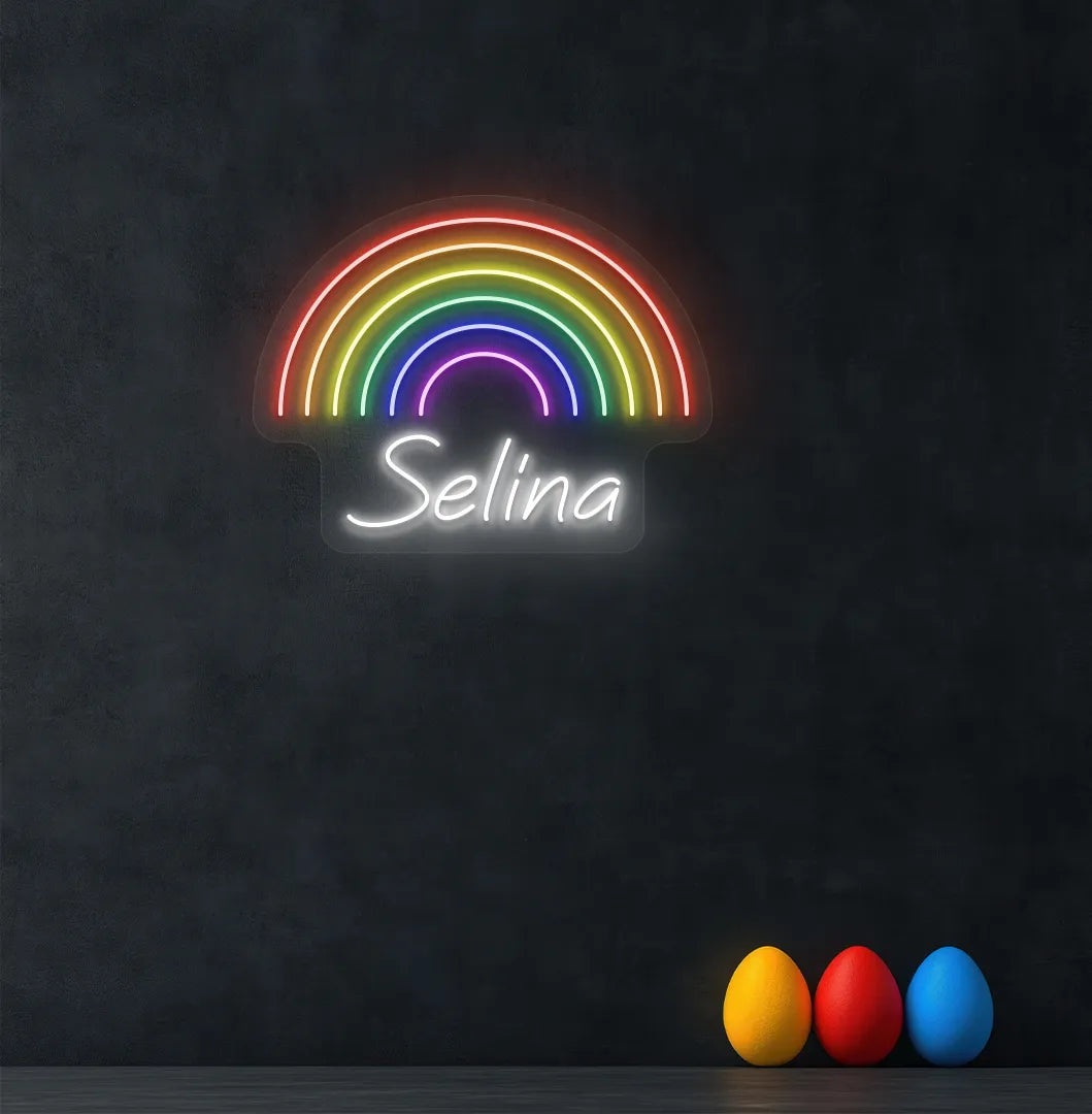 Personalized Rainbow Name neon sign in white color mounted on modern wall.