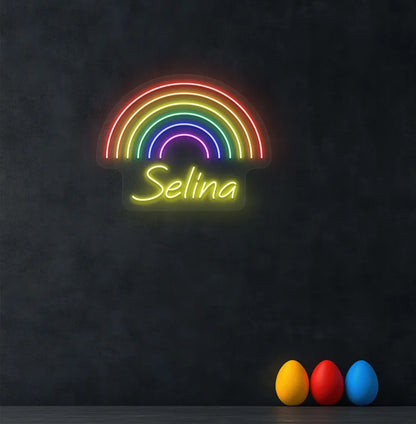 Bright yellow Rainbow Name personalized neon sign for kid's room decoration.