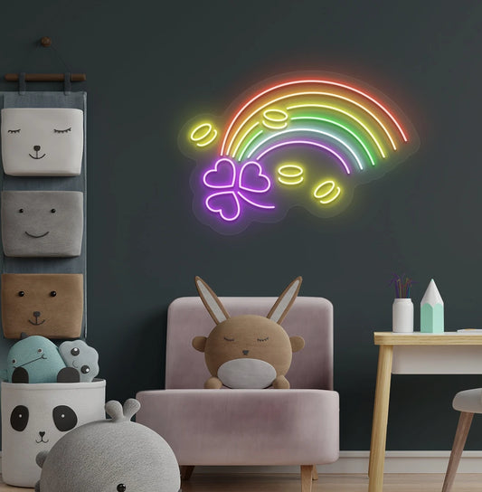 Cute rainbow with leaf neon sign in purple mounted on kids bedroom wall