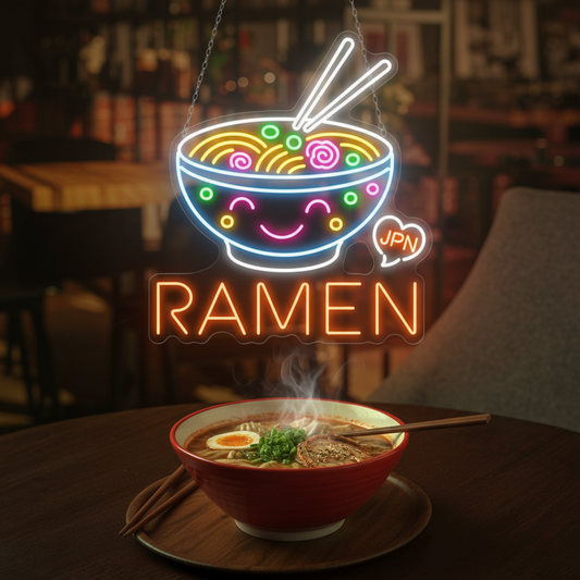 Image of a ramen bowl neon sign in multicolor hanging on a wall.