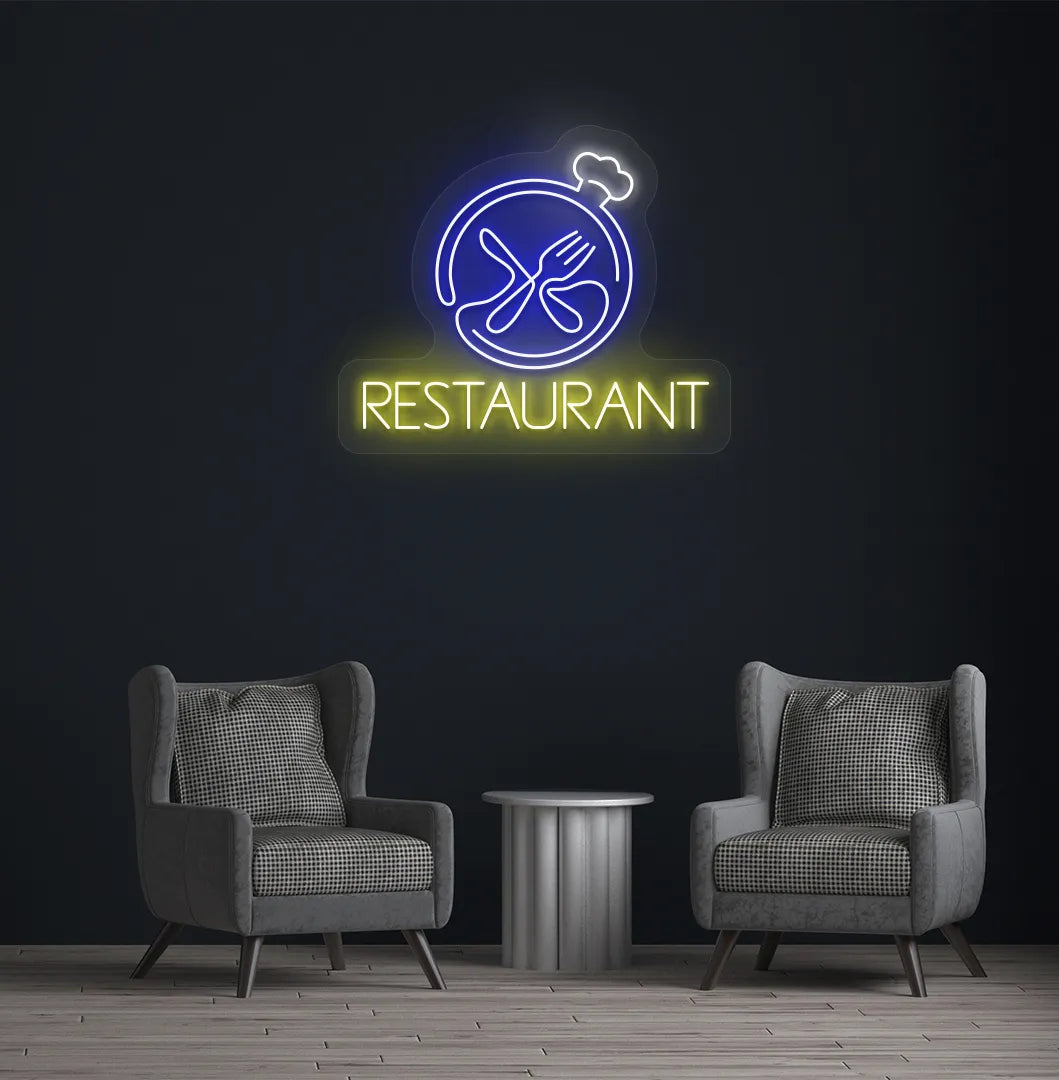 Image of a restaurant wall with stylish restaurant neon sign glowing blue.