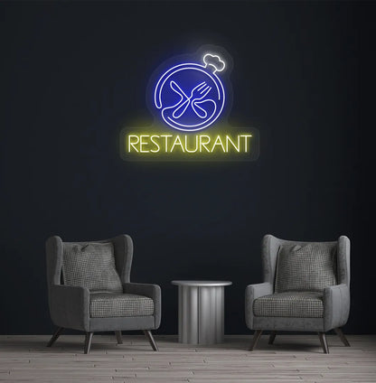 Image of a restaurant wall with stylish restaurant neon sign glowing blue.