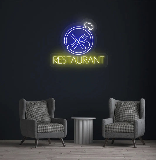 Image of a restaurant wall with stylish restaurant neon sign glowing blue.