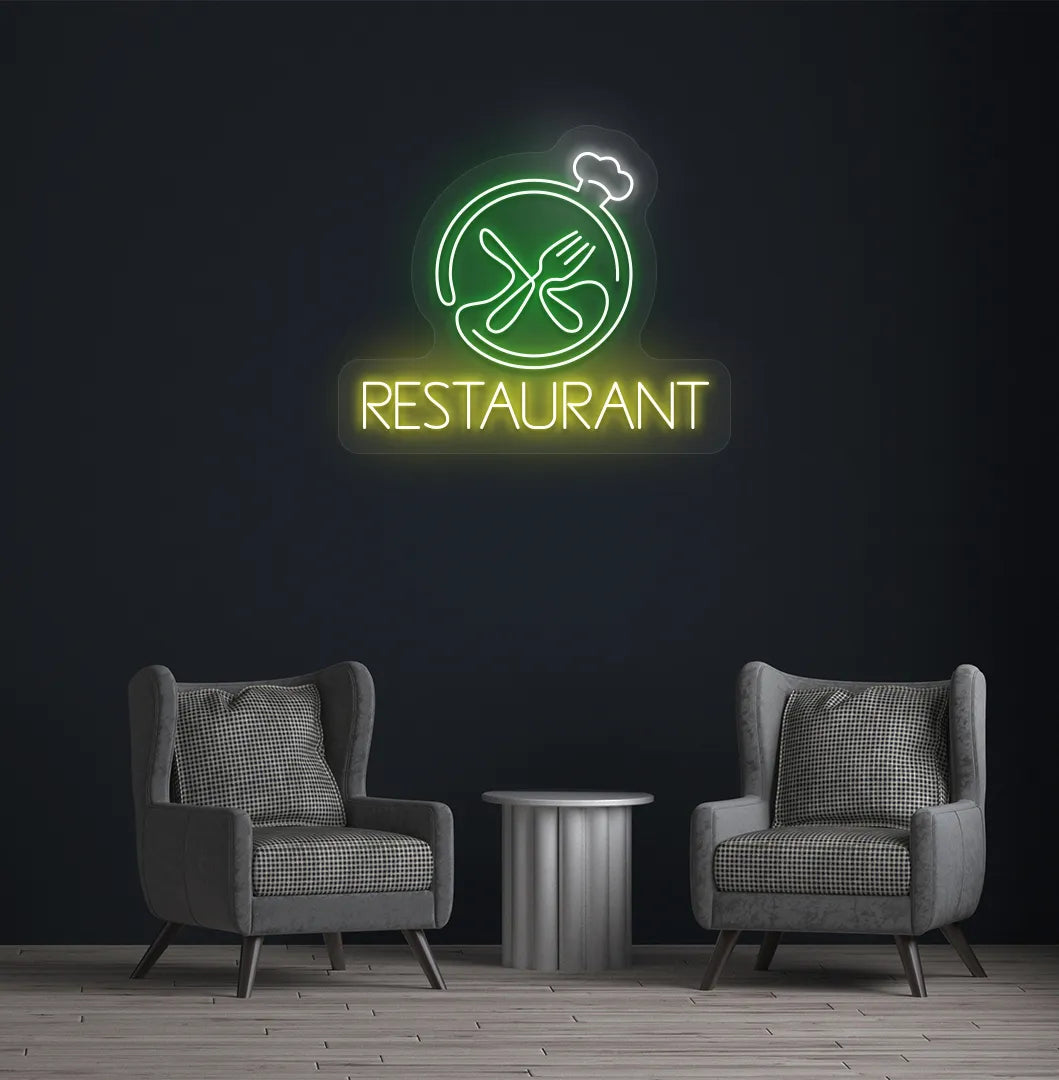 Modern restaurant wall with restaurant neon sign glowing green.