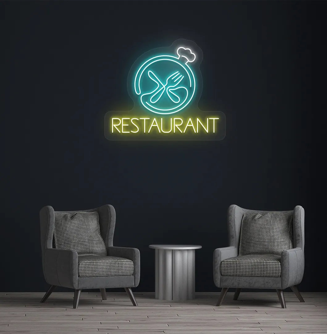 Image of a restaurant wall with stylish restaurant neon sign glowing ice blue.