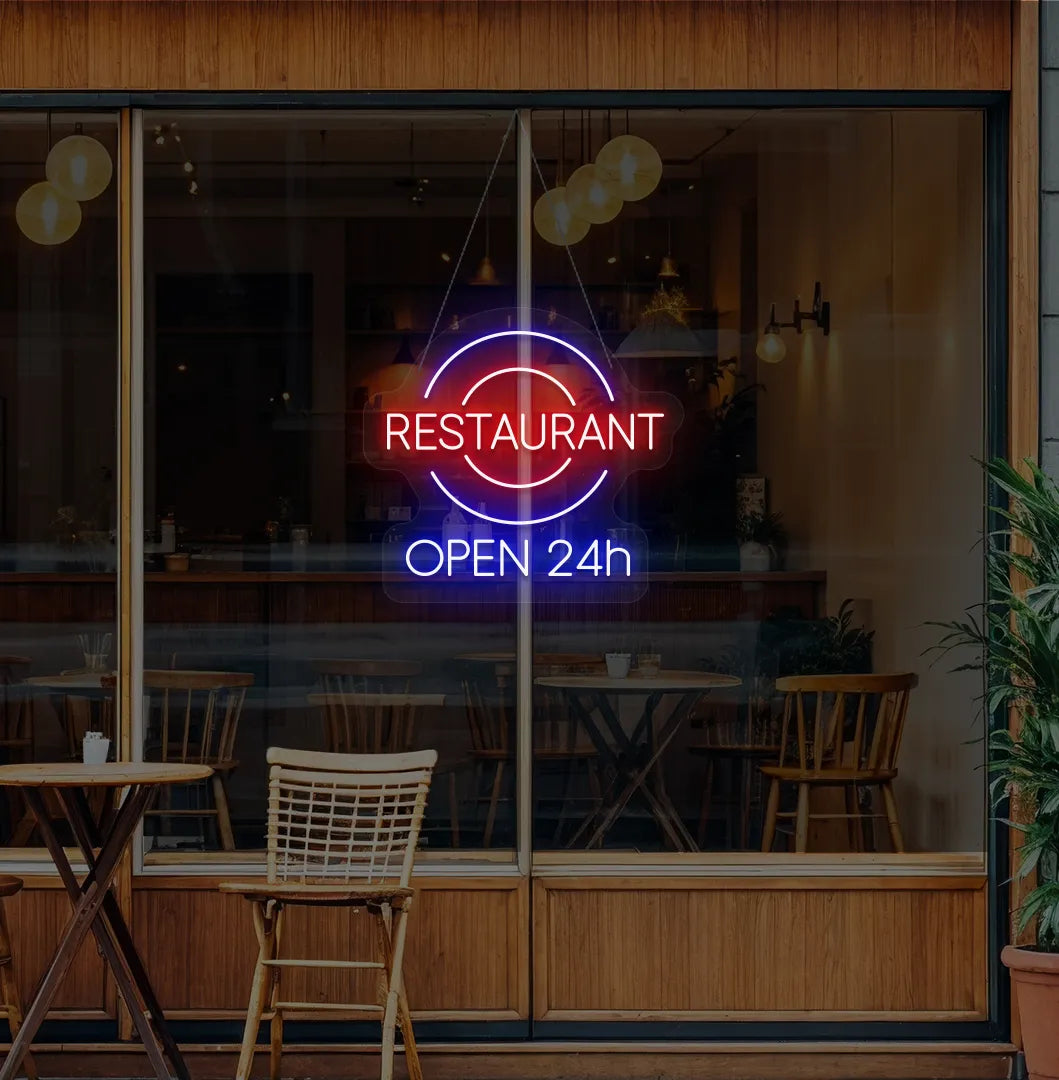 Image of a Restaurant glass door with stylish restaurant open 24-hour neon sign glowing blue.