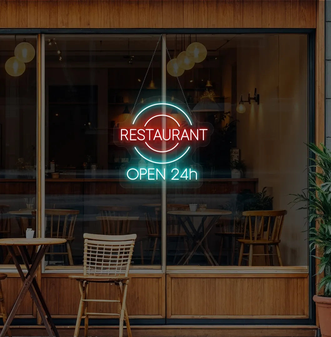 Image of a Restaurant glass door with stylish restaurant open 24-hour neon sign glowing ice blue.