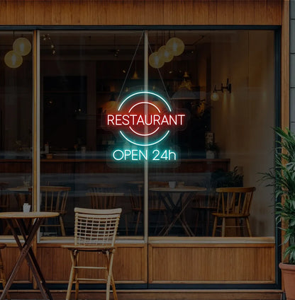 Image of a Restaurant glass door with stylish restaurant open 24-hour neon sign glowing ice blue.