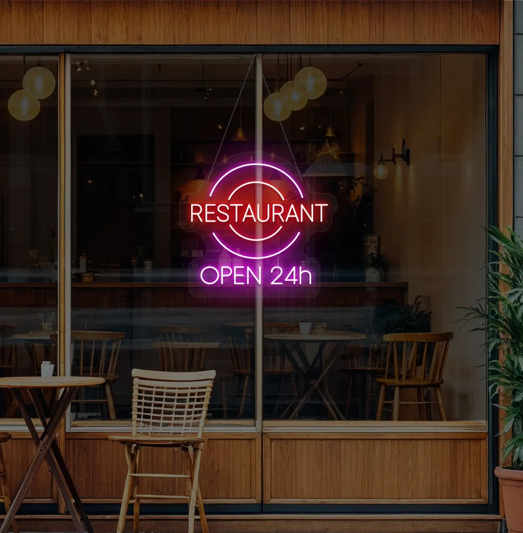 Image of a Restaurant glass door with stylish restaurant open 24-hour neon sign glowing pink.