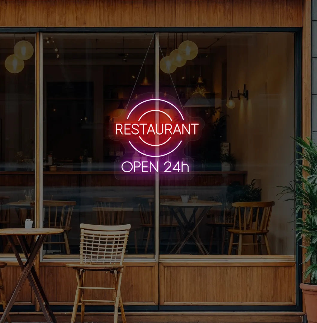Modern restaurant glass with restaurant open 24-hour neon sign glowing purple.