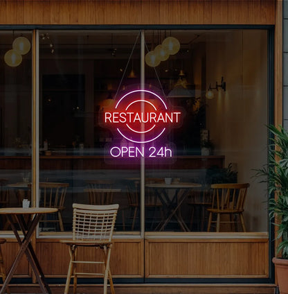 Modern restaurant glass with restaurant open 24-hour neon sign glowing purple.