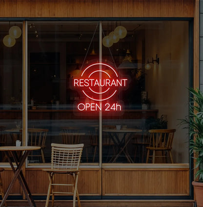 Image of a Restaurant glass door with stylish restaurant open 24-hour neon sign glowing red.