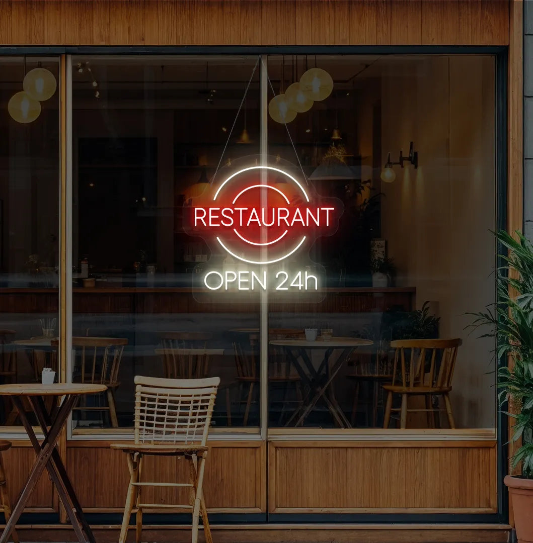 Modern restaurant glass with restaurant open 24-hour neon sign glowing warm white.