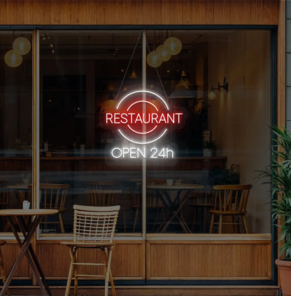 Image of a Restaurant glass door with stylish restaurant open 24-hour neon sign glowing white.